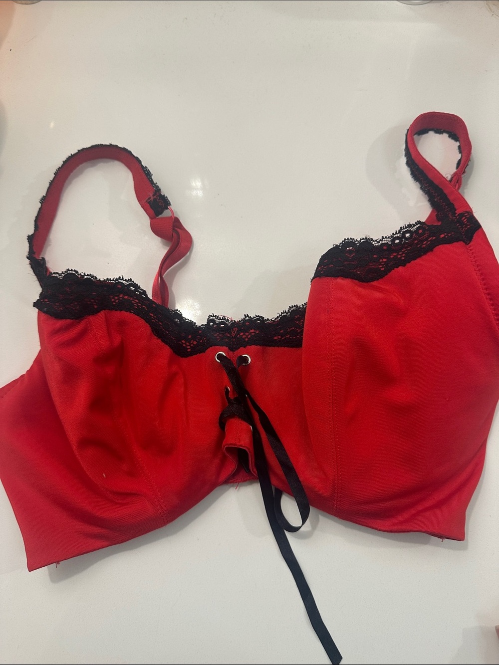 Red Lace-Trim Bra with Center Lace-Up Detail